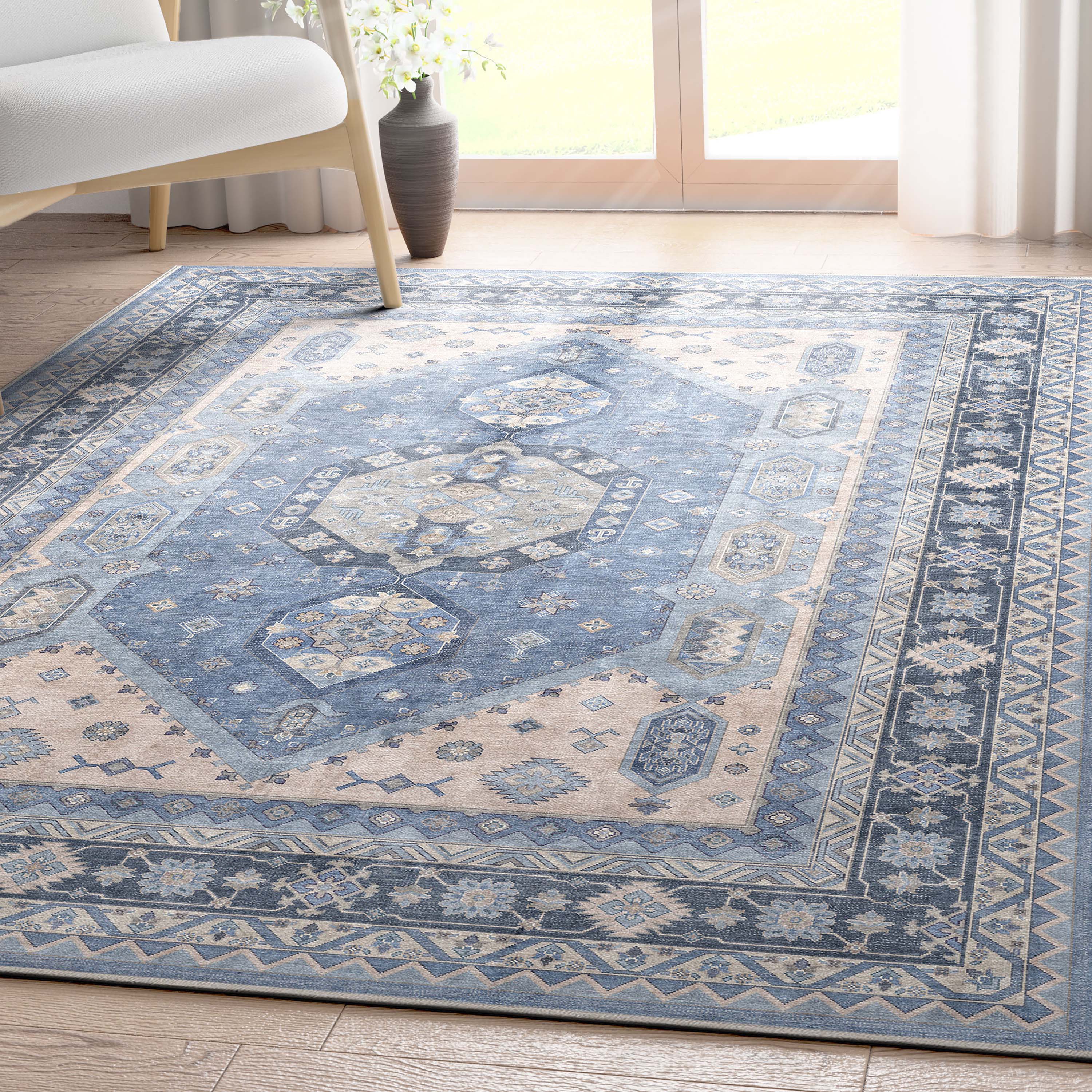 Well Woven Apollo Nicosia Vintage Medallion Blue Flat-Weave Easy to Clean 7'7" x 9'10" Area Rug