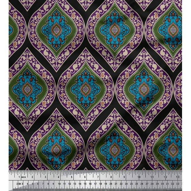 Soimoi Black Rayon Crepe Fabric Seamless Damask Decor Fabric Printed Yard 46 Inch Wide