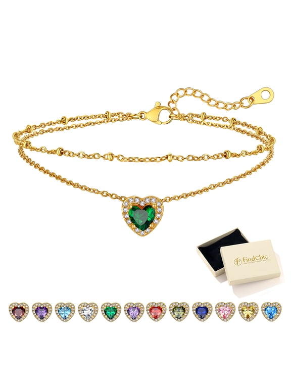 May Birthstone Anklets for Women 14K Gold Plated Layered Beaded Ankle Bracelets Stainless Steel Heart Foot Chain Summer Jewelry Birthday Graduation Gifts Her Mom Wife Adults Ideas