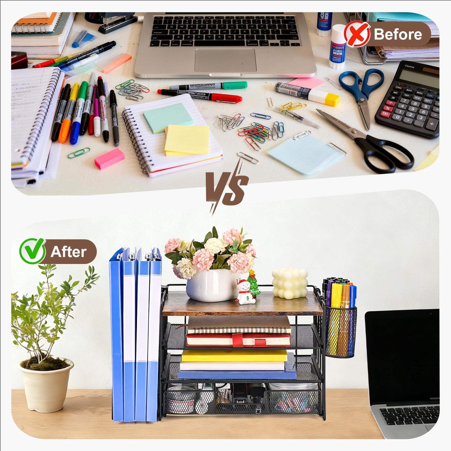 All-in-One Desktop Organizer Set, 4-Tier Desk Organizers Office Accessories with Drawer, File Holders and 2 Pen Holder for Office Supplies