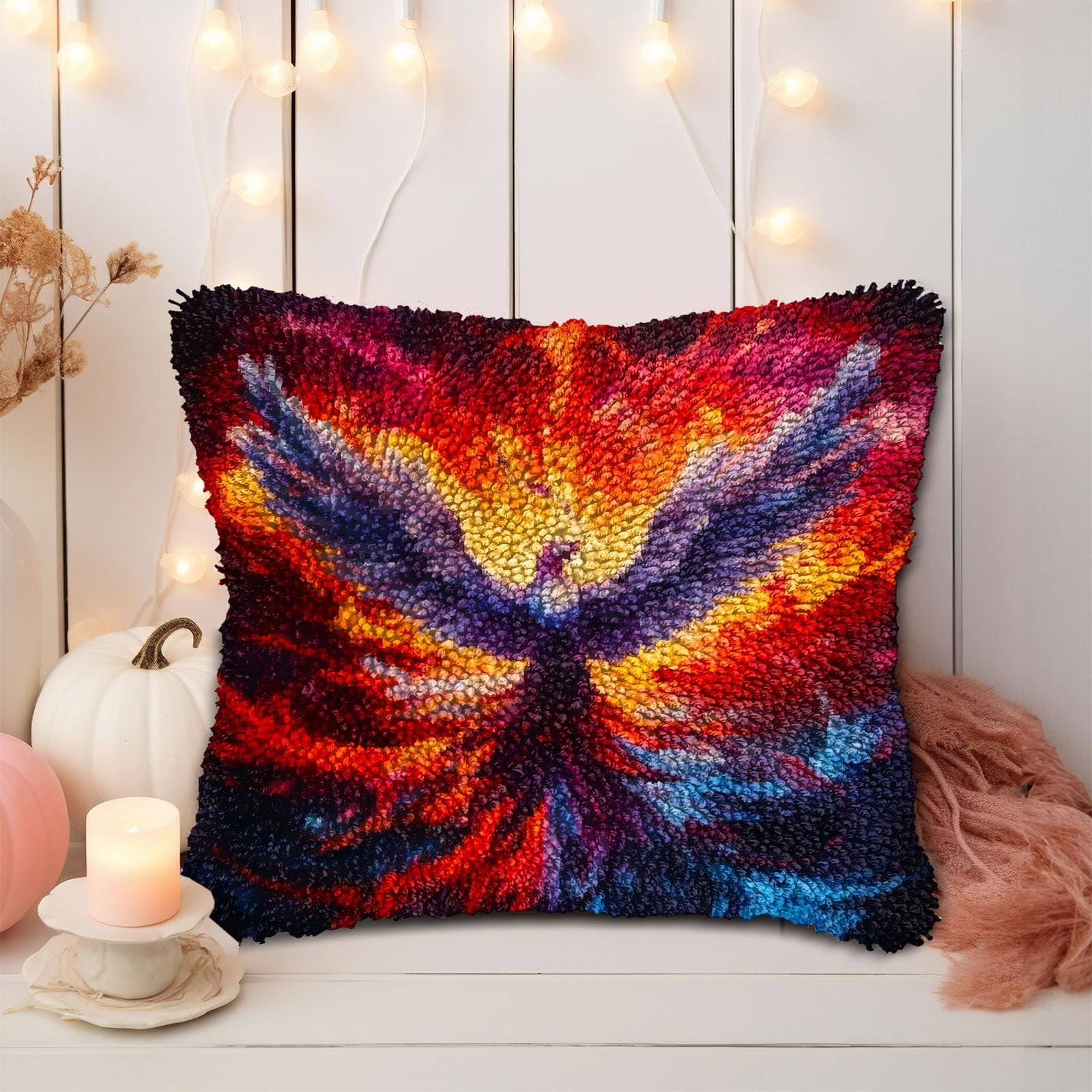 Flying Bird in Fire DIY Latch Hook Pillow Kits for Adults Printed Pillowcase Crochet Yarns Hooking Handmade Pillow Cover Cushion for Home Sofa Decoration 17x17inch(1)