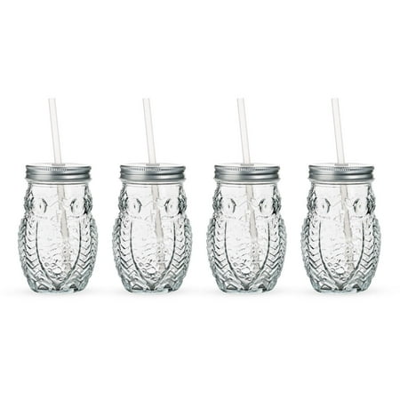 Hoot Owl Glass Drinking Jars with Lid & Straw - 15 oz - Set of 4