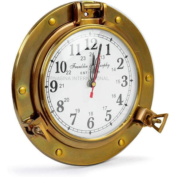 Nagina International 9" Antique Brass Premium Nautical Wall Decor Vintage Time's Clock | Pirate's Porthole Decorative Clock (Franklin & Murphy's Vintage Dial)