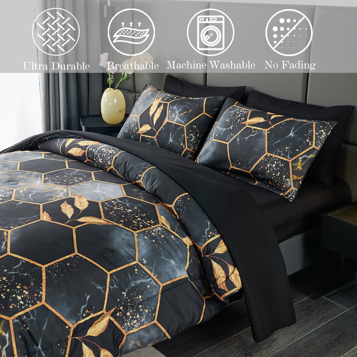 RYNGHIPY 3-Piece Black Comforter Set Full Size Honeycomb Hexagon Bedding Sets Black Gold All Season Marble Bed Set Full Down Alternative (Black Full)