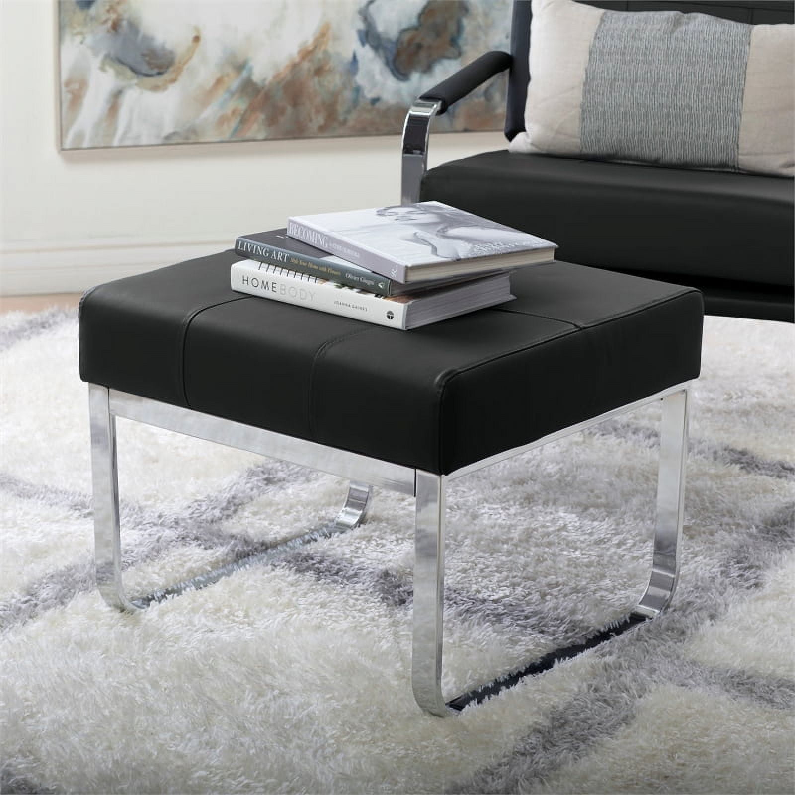 Studio Designs Home Allure Modern Rectangular Ottoman in Blended Leather & Chrome