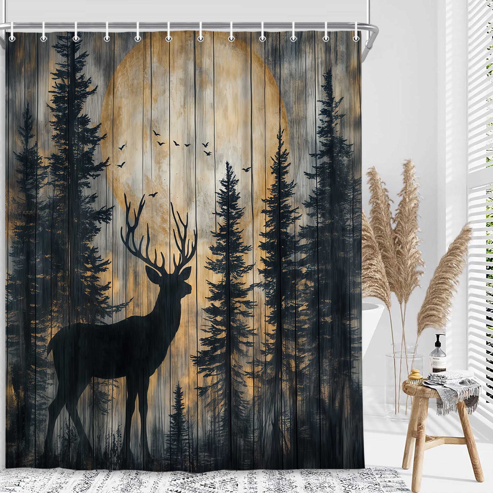 Rustic Forest Deer Shower Curtain, Cabin Farmhouse Country Lodge Bathroom Decor Accessories, Polyester Fabric Wooden Board Grey Gray Bath Curtain Set with Hooks, 72x72IN