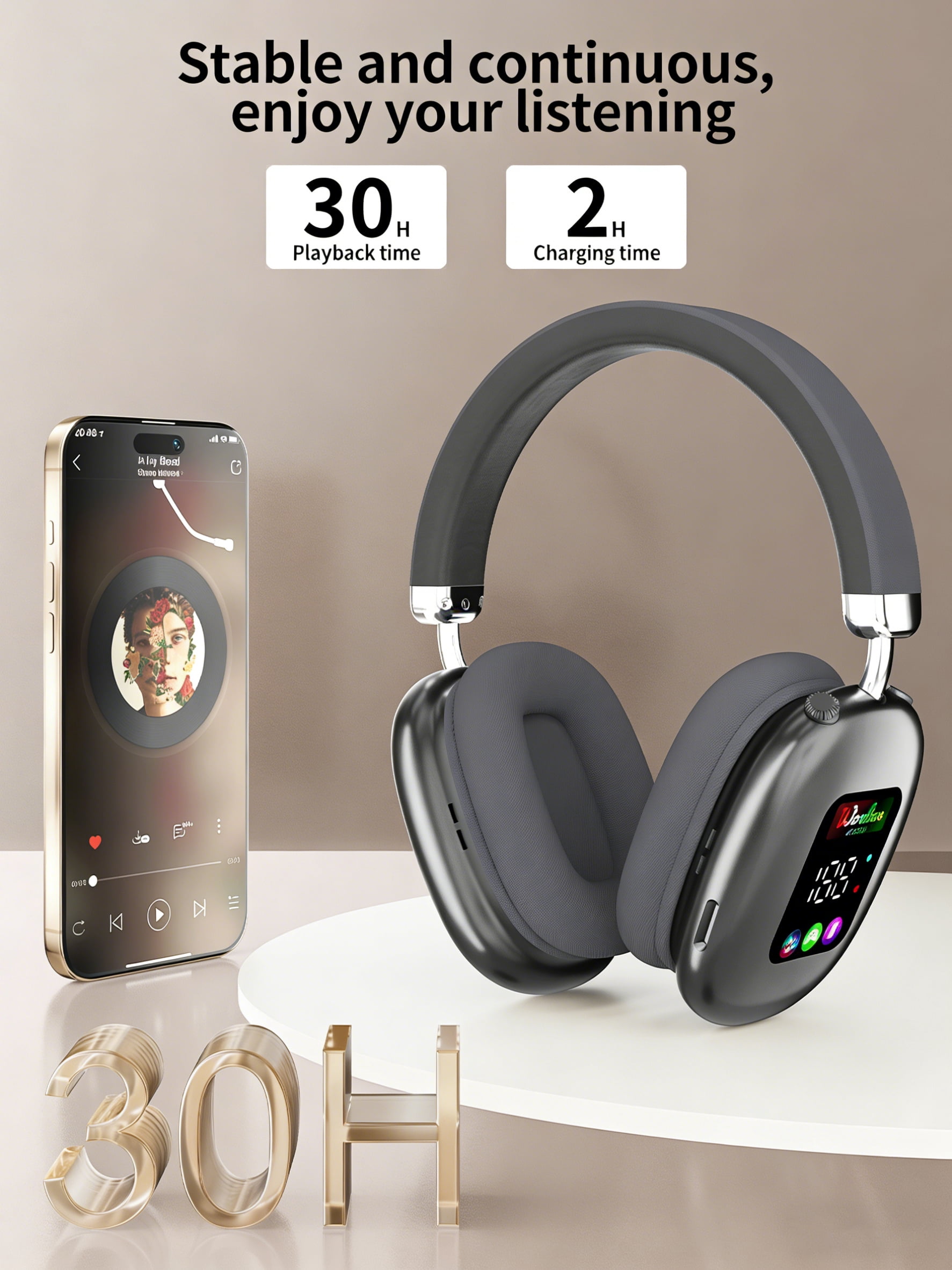 LC-dolida Wireless Over Ear Bluetooth Headphones with LED Display & Dual Connectivity, 30H Playtime, 5.4 Bluetooth, Comfort Fit for Travel/Gaming/Home (Blue)