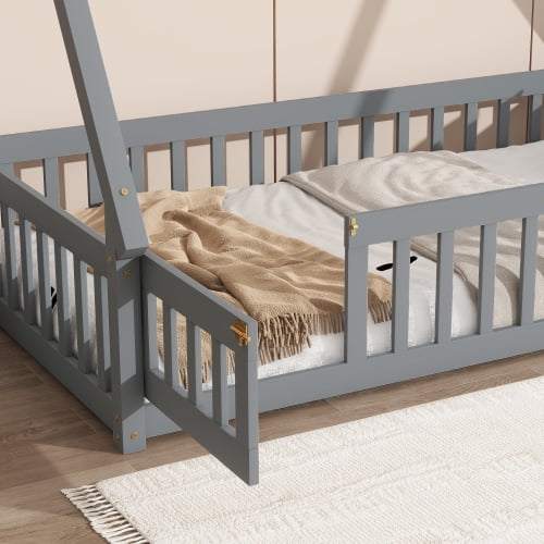 Bellemave Twin Size Floor Bed with Door, Teepee Tent Bed Beds, Twin Montessori Floor Bed with Guardrails, Wood House Bed with Slats, Grey