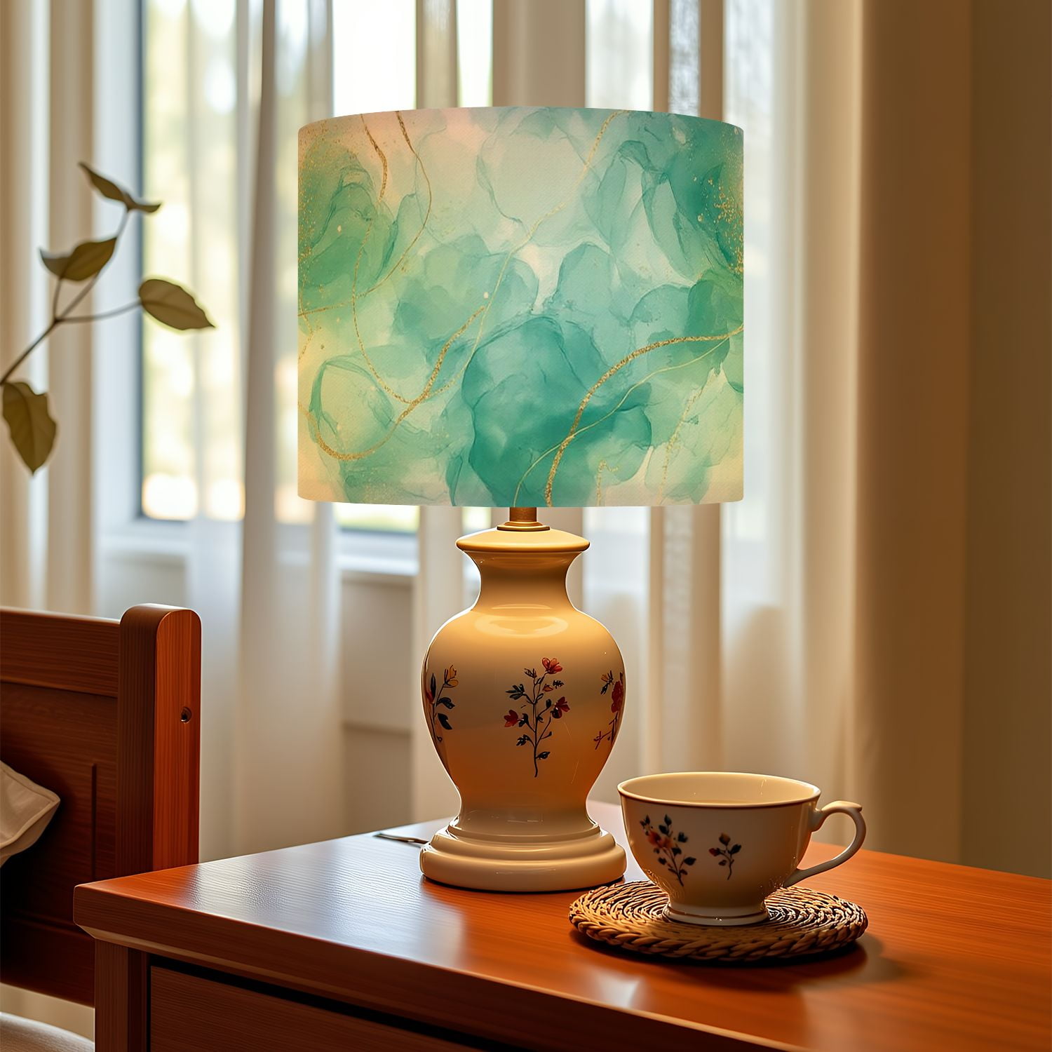 Linen Drum Lampshades Pastel cyan mint liquid marble watercolor white lines brush stains 13"x13"x10" Light Shade for Table Lamps Floor Lamps Drum Lamp Shades Lampshade Replacement Assembly Required