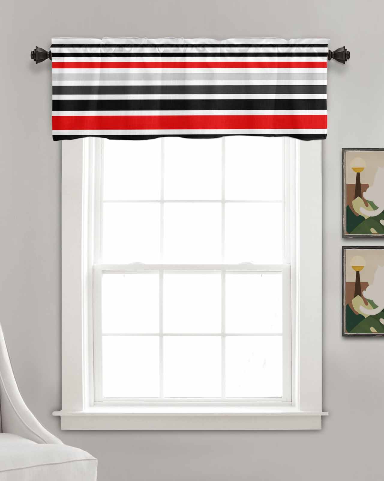 Red Black Stripe Kitchen Valances for Windows Farmhouse Linen Window Valance Curtain for Living Room Window Treatment Modern Abstract Coarse Striped Valance Rod Pocket Topper Drape, 42 x 18 Inch