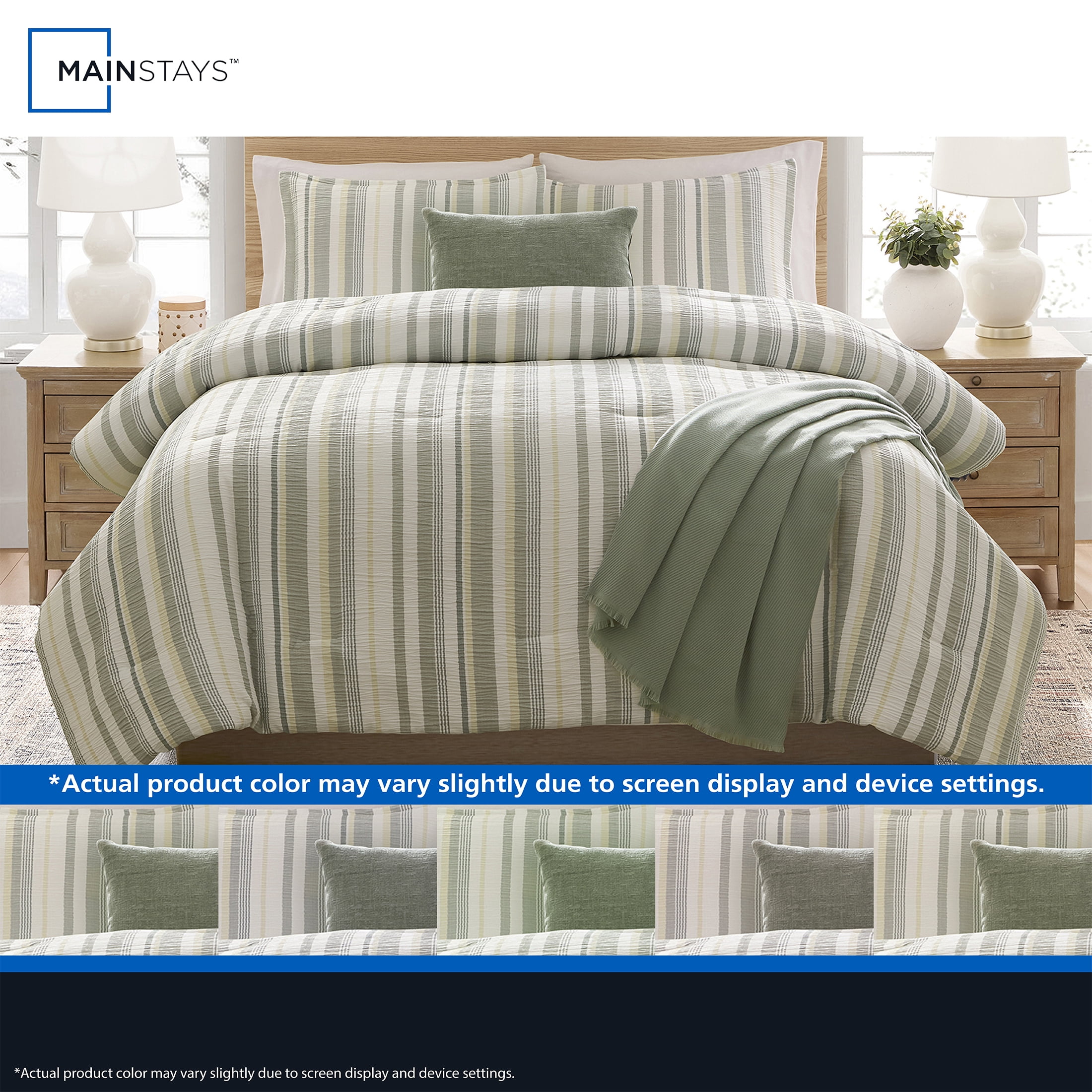 Mainstays Yarn Dyed Stripe 4-Piece Green Comforter Set, Twin/Twin XL