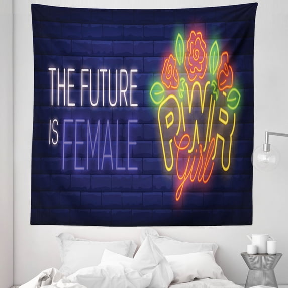 Girl Slogan Tapestry, Future is Female Text with a Bunch of Roses on a Brick Wall Neon Power, Fabric Wall Hanging Decor for Bedroom Living Room Dorm, 5 Sizes, Multicolor, by Ambesonne