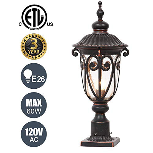 Goalplus Outdoor Post Light Fixture with Pier Mount Vintage Post Lamp for  Yard 60W E26 Post Lantern in Bronze Finish with Seeded Glass Shade, 24  High, 