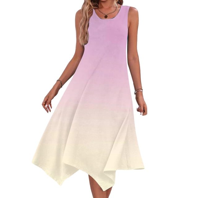 Liquidation d'Été 2025! Robe Grande Taille pour Femmes, Liquidation d'Été pour Femmes, Robes Sans Manches à Col Rond avec Cordon de Serrage, Robe Décontractée à Volants en Ligne A Mini
