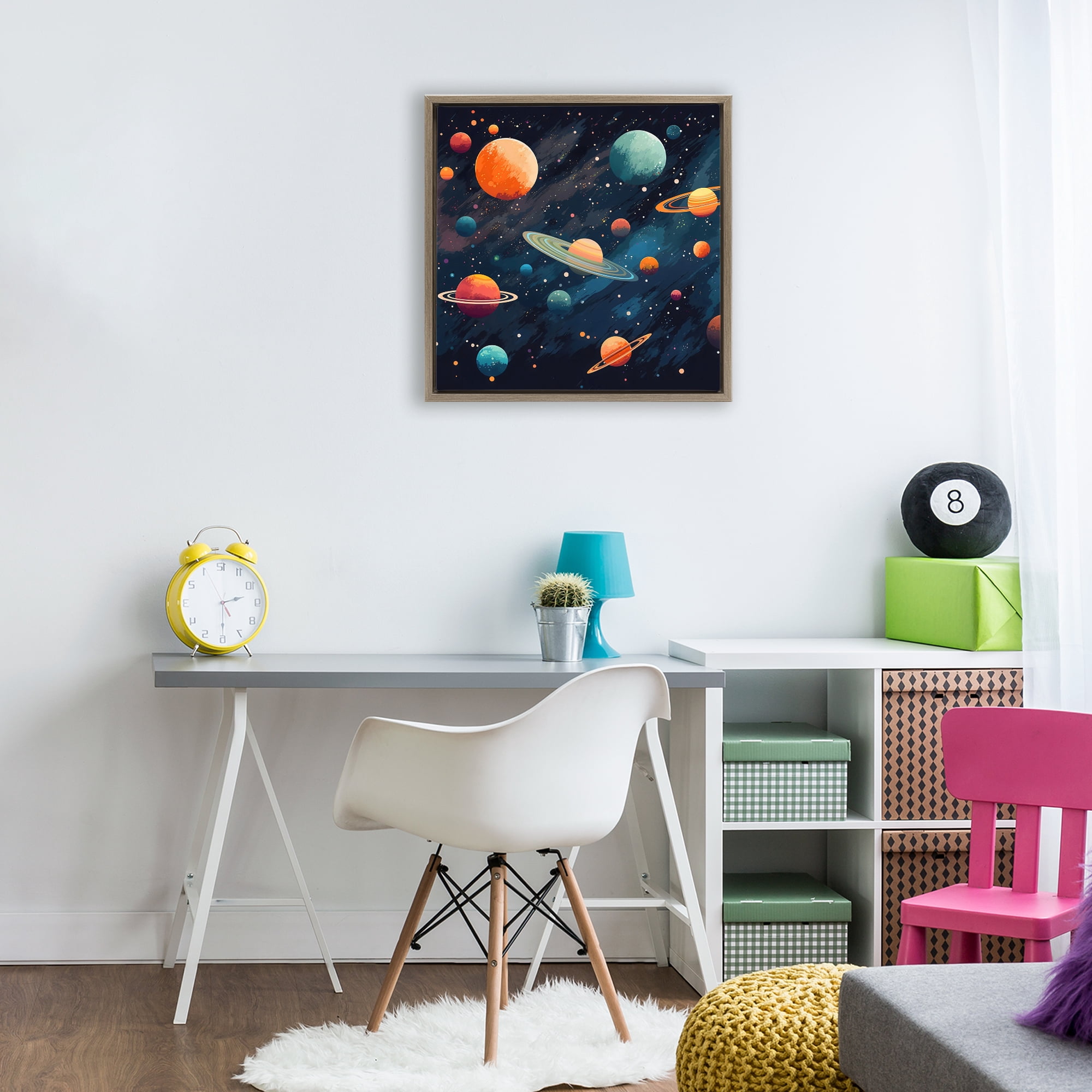 Stupell Industries Orange & Blue Planets in Orbit Brown Framed Floater Canvas Wall Art, design by Creative Studio