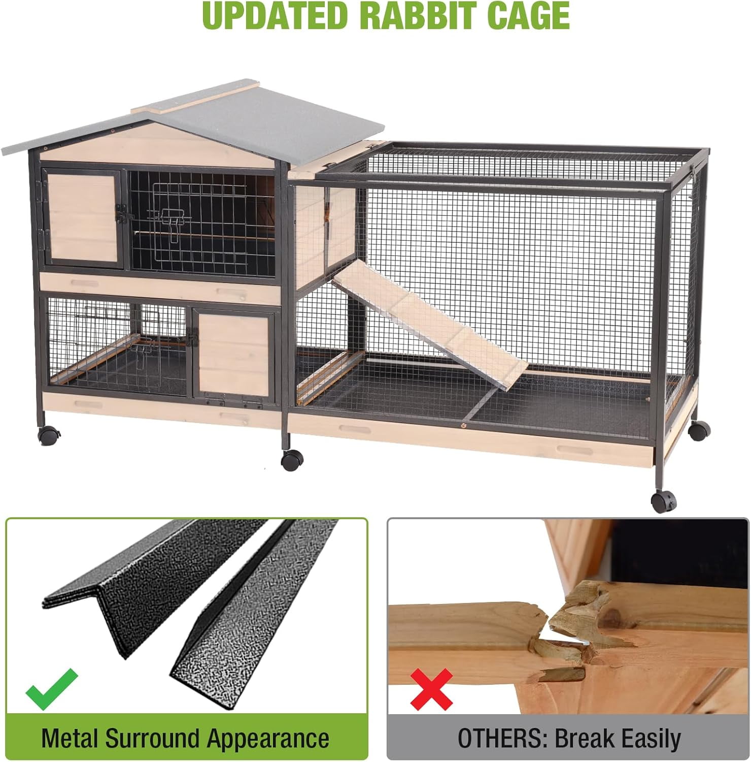 MEDEHOO Rabbit Hutch Outdoor Indoor, Rabbit Cage with Wheels Bunny Cage Large Guinea Pig Cage for Small Animals with Tray