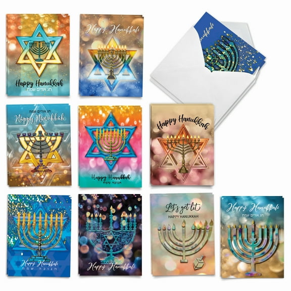 20 Chanukah Note Cards with Envelopes (4" x 5.12") - Festival of Lights Hanukkah (10 Designs, 2 Each) AM3687HKB-B2x10