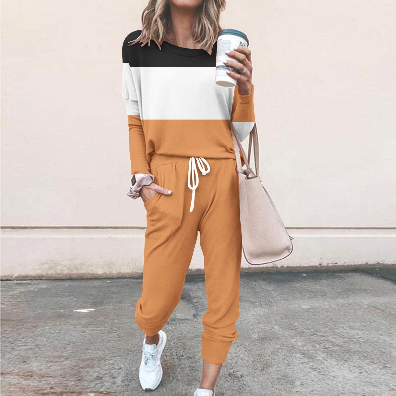 YUGYXL Women's 2 Piece Outfit Colorblock Lightweight Long Sleeve Tee Top and Jogger Pants Sets Casual Sweatsuit Tracksuit Orange XXXXL