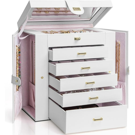 Extra Large 6-Tier Jewelry Box Organizer with Mirror, 5 Drawers Leather Jewelry Storage Case for Women Girls Ring Necklace Earring Bracelet White