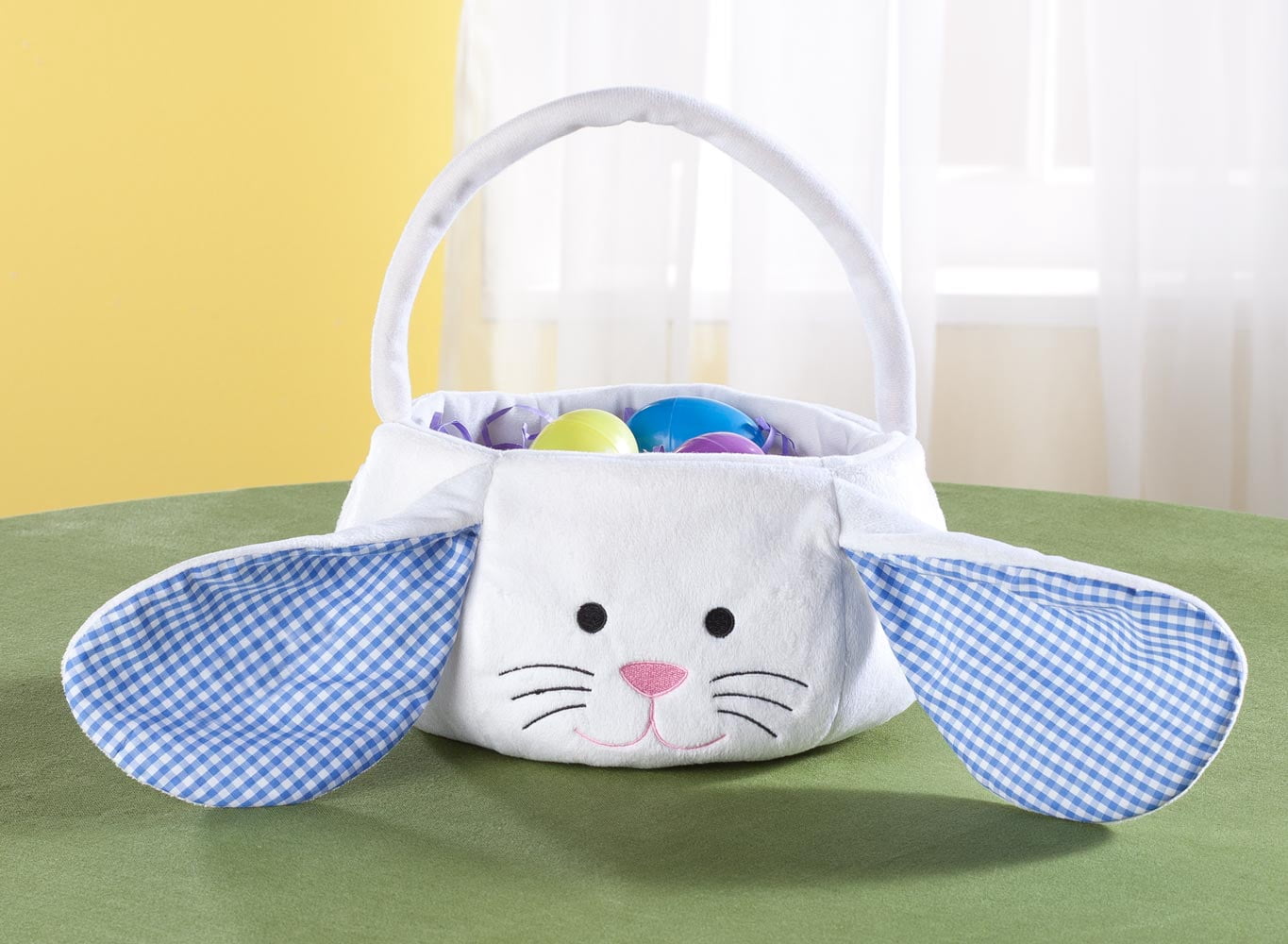 Kids Easter Basket, Plush White Bunny With Floppy Gingham Ears