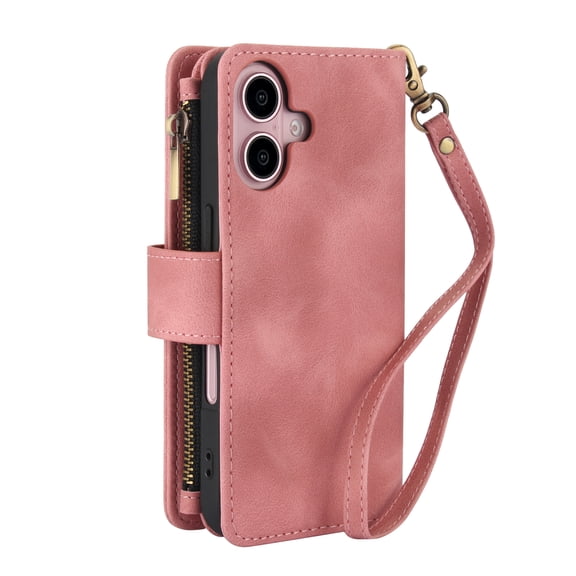 Allytechgroup Case for Apple iPhone 17 Magnetic Closure [RFID Blocking] Zipper Stand Wallet Folio PU Leather Purse Case [Shuolder Strap/Lanyard] with Card Holder Slots/Cash Pockets, Rosegold