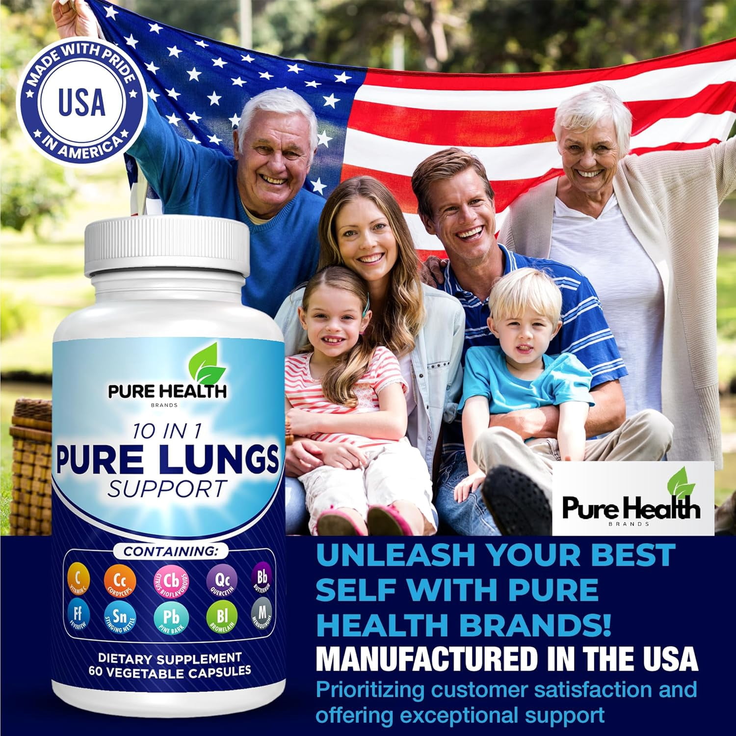Pure Lungs Support – 10-in-1 Lung Cleanse & Detox Supplement for Smokers & Respiratory Health – with Quercetin, NAC, Cordyceps, Pine Bark, Vitamin C & Butterbur – 60 Capsules