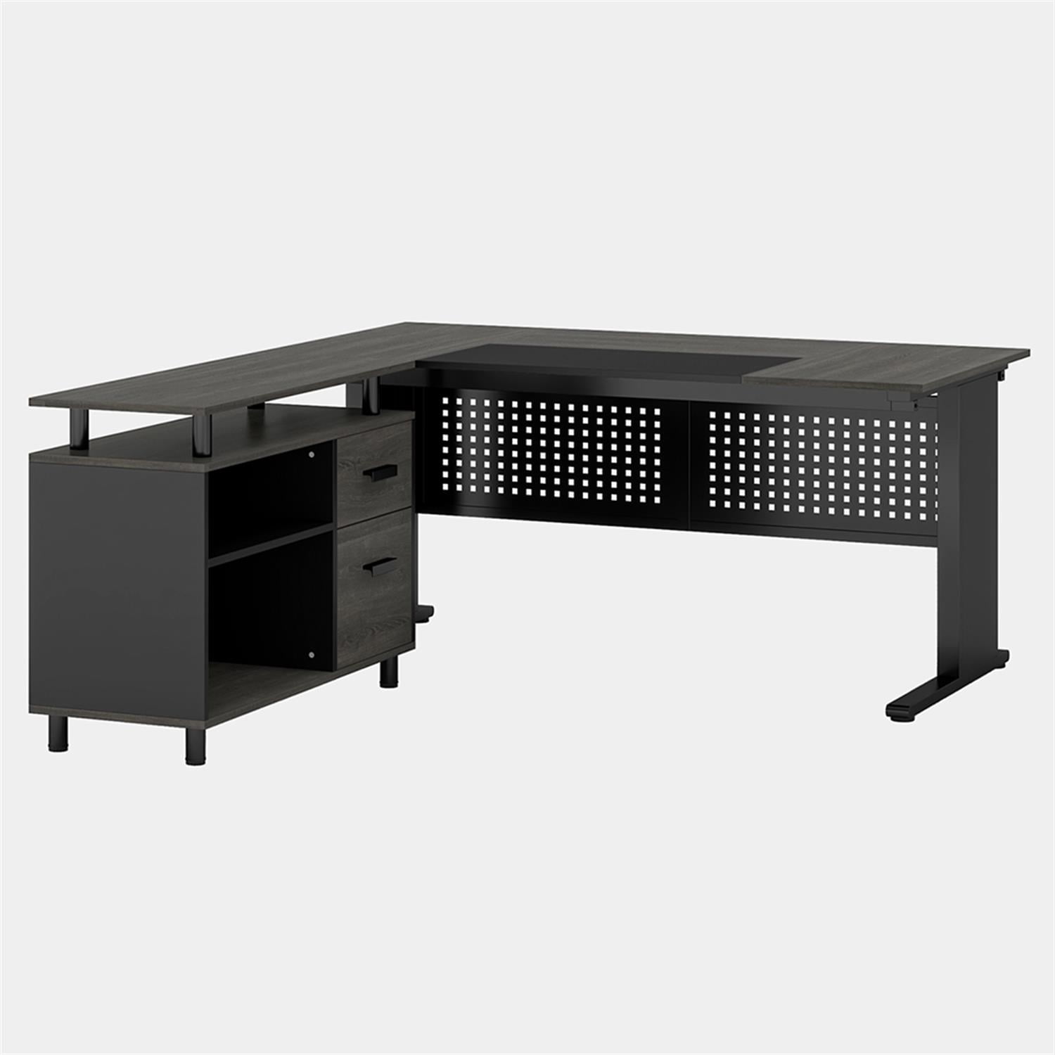 Demi Bonn 63" Modern Large Computer Desk with File Cabinet, Industrial L-Shaped Executive Desk, Study Work Desk for Home Office, Study, Living Room, Black