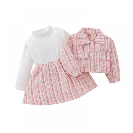

Infant Toddler Baby Girl Fall Winter 2Pcs Outfit Plaid Long Sleeve Jacket Top Coat Patchwork Dress Clothes Set