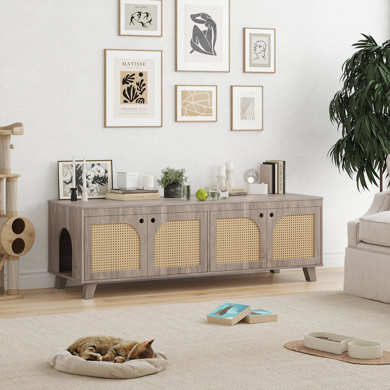 Orthopedic Dog Bed, Double Hidden Cat Litter Box Enclosure Furniture Cabinet with Rattan Decorated Doors for Two Cats, Two Entrances, Grey Dog Bed,Engineered Wood Cat Bed