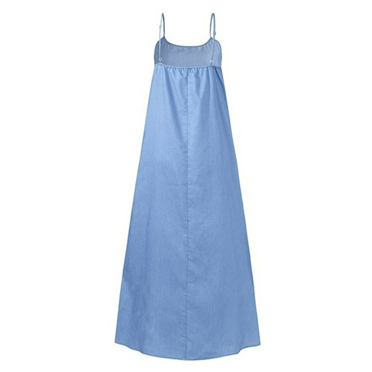 Denim Dress for Womens Summer Spaghetti Strap Dresses Casual Loose Scoop  Neck Long Maxi Dress Plain Jean Sundress - Walmart.com