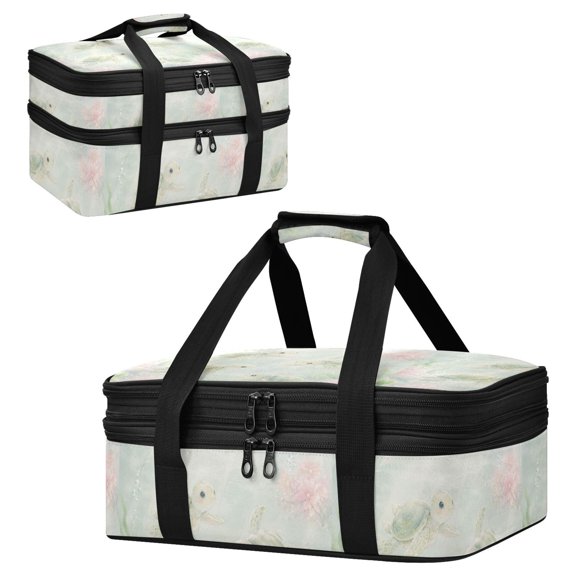Large Double Decker Insulated Casserole Carrier Expandable 2-Layer Thermal Food Tote Bag Cute Underwater Turtle Pattern Hot Cold Pizza Lasagna Holder for Potluck Picnic Party Camping