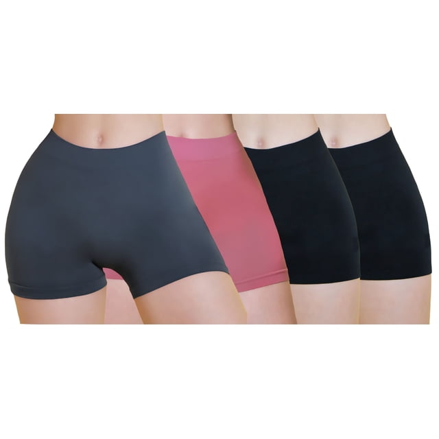 pack 4 shorts corto interior mujer bóxer dama microfibra chore Pack de 4 bóxer short para mujer con vista frontal de cuatro piezas en gris, rosa y dos negros; corte corto tipo bóxer con pretina ancha y tiro medio, tela lisa de microfibra de secado rápido sin costuras visibles; fondo blanco neutro, pensado para uso interior y diario, también suelen usarse como base cómoda para actividades ligeras o entrenamiento casual.