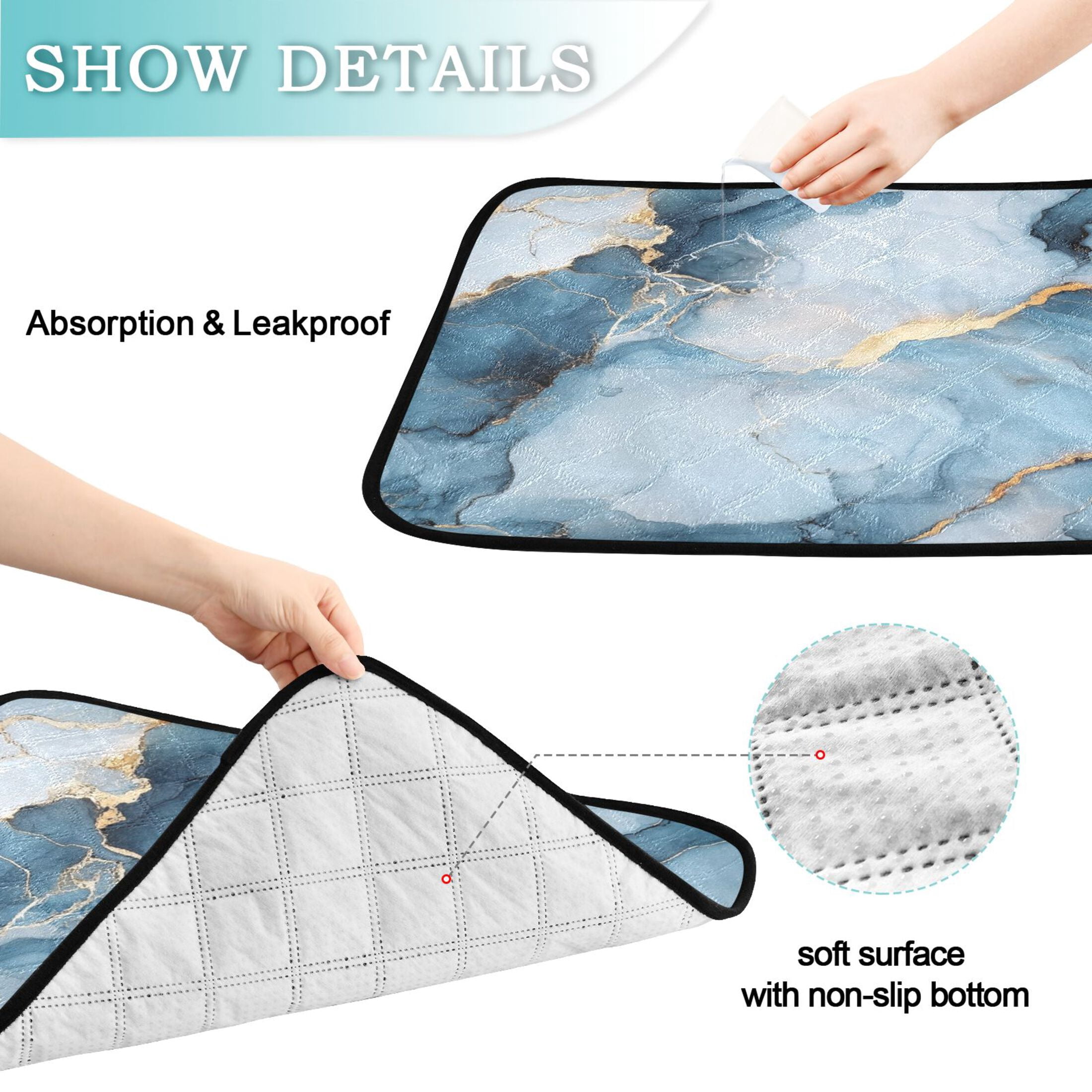 Qxltty Light Blue Gilt Marble Cat litter Pads Pet Set of 3 Diaper Mats Center Anti-leakage Layer Absorbent Soft and Comfortable