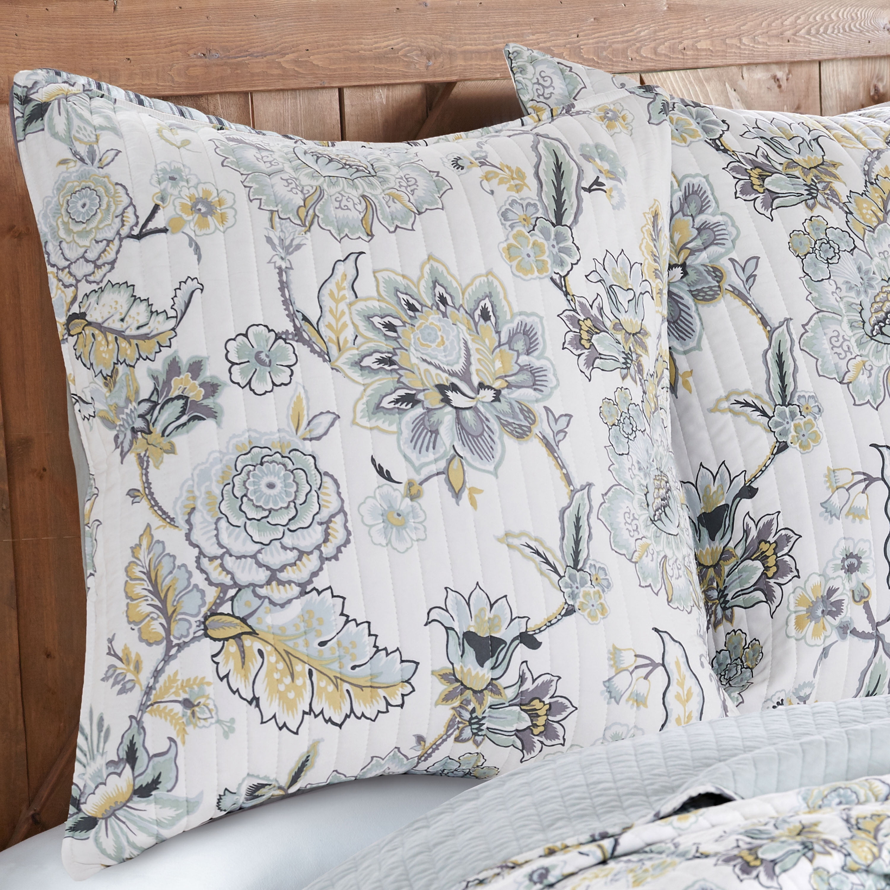 Levtex Home Ophelia 2-Pieces Spa Grey Cream Ochre Floral Quilt Bedding Sets, Euro Sham