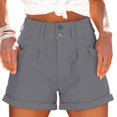 thumbnail image 1 of Pantalones cortos de verano para mujer, cintura alta, plisados, dobladillo enrollado, cierre de hebillas, pantalones cortos casuales con bolsillos laterales, 1 of 2