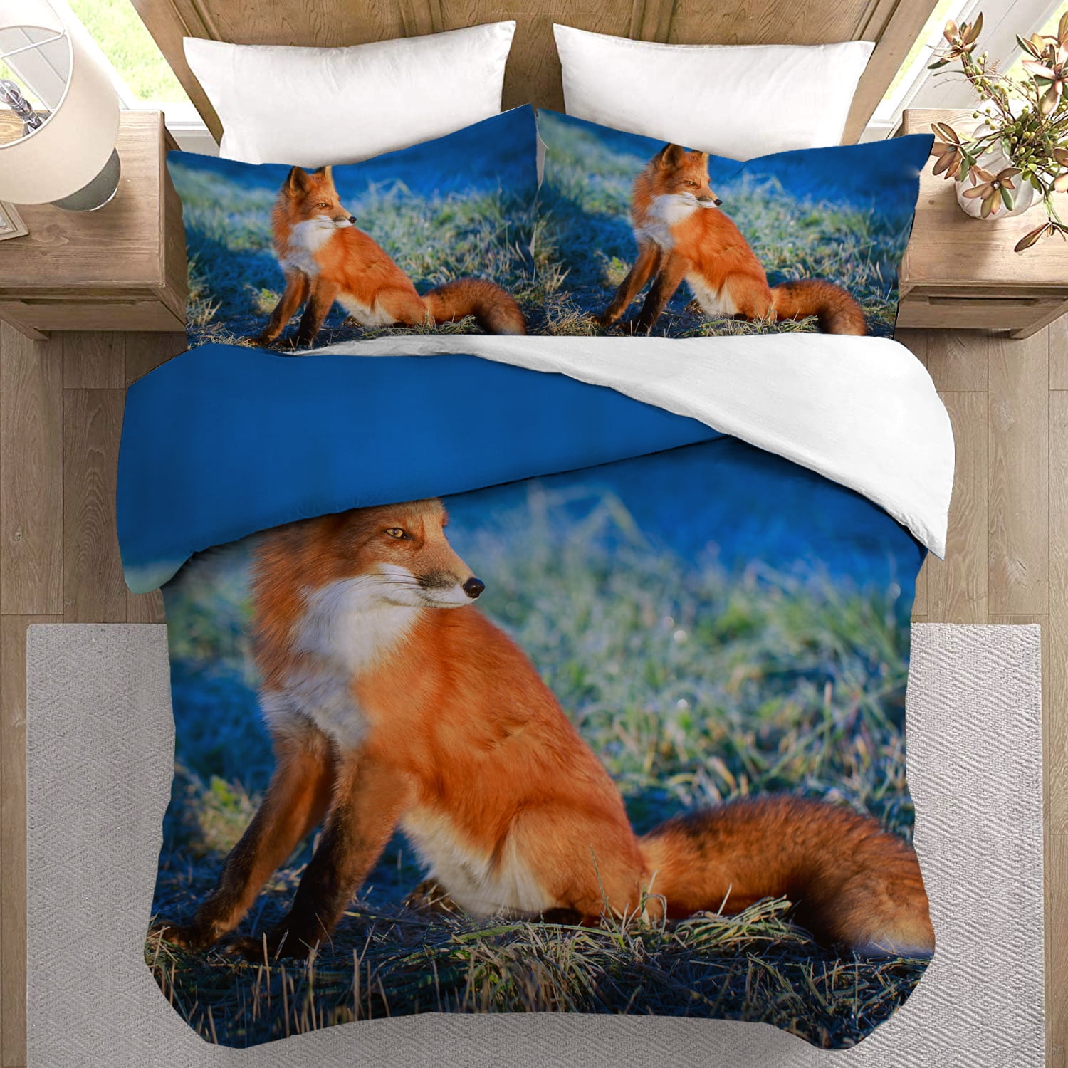 Arightex Cottagecore Fox Decor Bedding Set Blue Microfiber 1 Comforter Cover with 2 Pillowcases King Size
