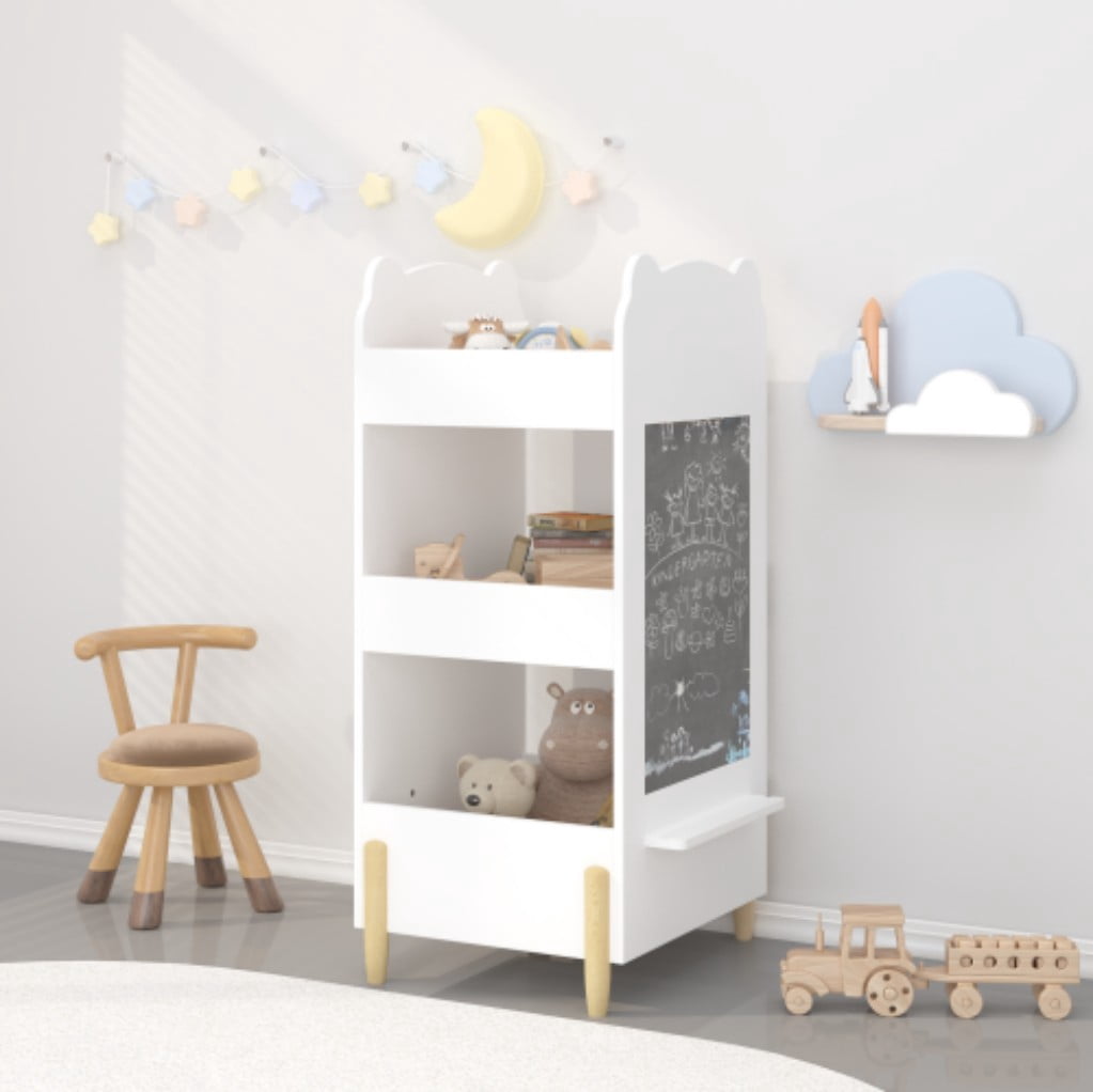 Kids Bookshelf with Chalkboard Side, Bear-Shaped Wooden Bookcase with 3-Tier Open Storage, Drawing Board & Toy Organizer for Toddler Bedroom, White