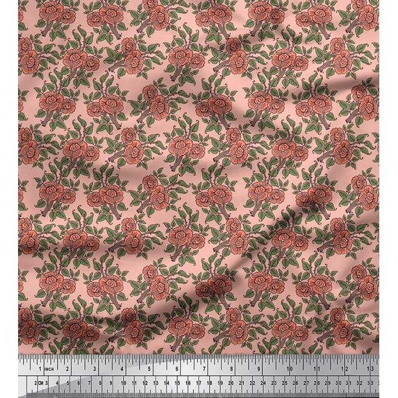 Soimoi Velvet Fabric Leaves & Floral Block Printed Craft Fabric by The Yard 58 Inch Wide