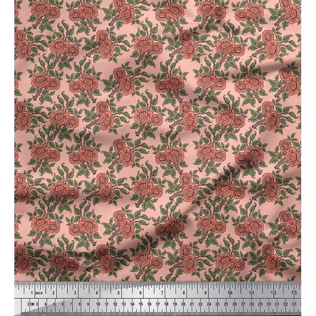 Soimoi Velvet Fabric Leaves & Floral Block Printed Craft Fabric by The Yard 58 Inch Wide