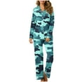thumbnail image 2 of hxobax Womens Camo Sleepwear 2 Piece Outfits Pajama Sets Elegant Notch Collar Long Sleeve Lounge Button Down Pajamas Tops and Wide Leg Pants Pjs Pj Set Nightwear Nightgowns,#01_Mint Green,X-Large, 2 of 7