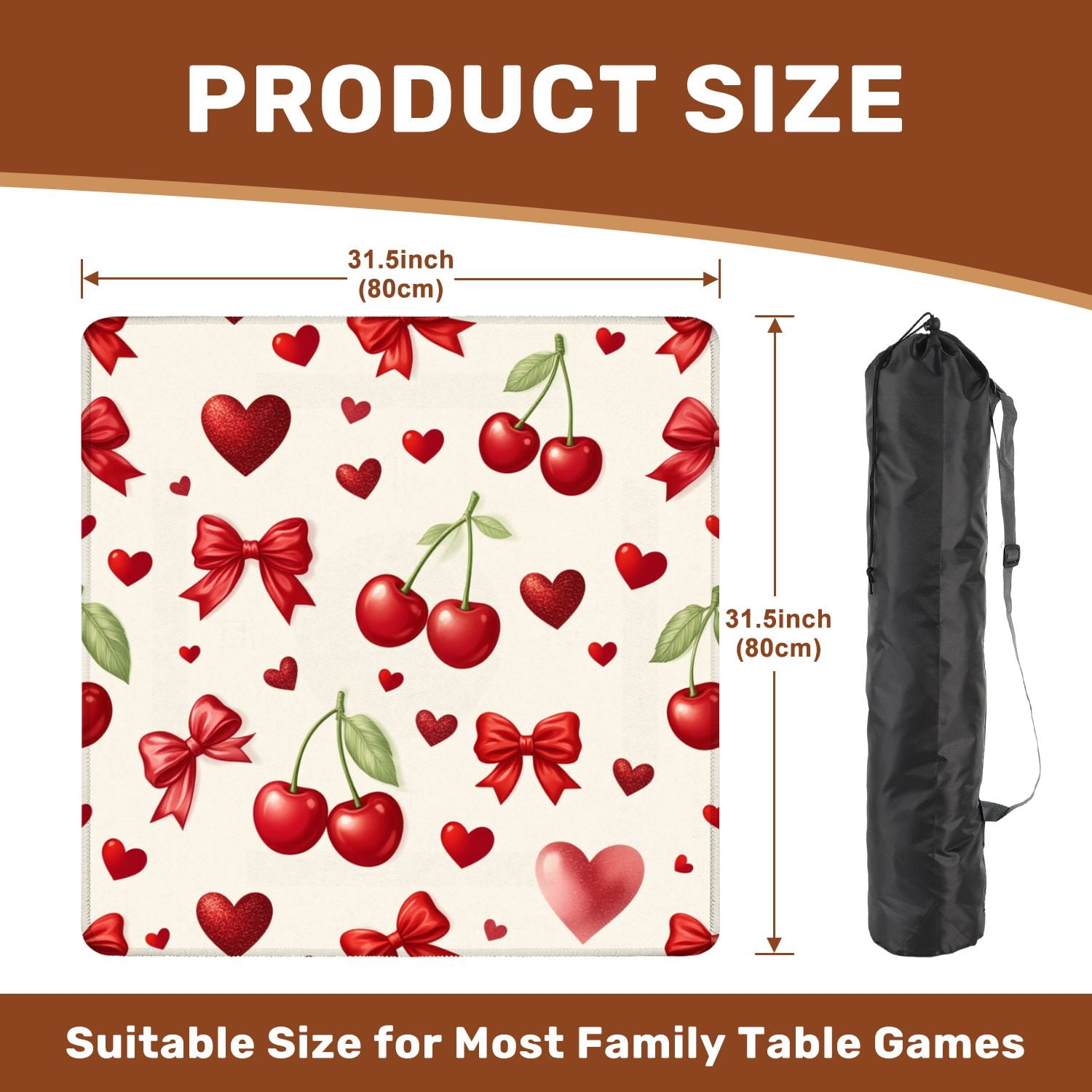 Mahjong Mat 31.5" x 31.5" Red Cherries Hearts Bows Cream Non-Slip Noise Reduction American Mahjong Tiles Table Cover for Dominoes Poker Card Board Games Gift