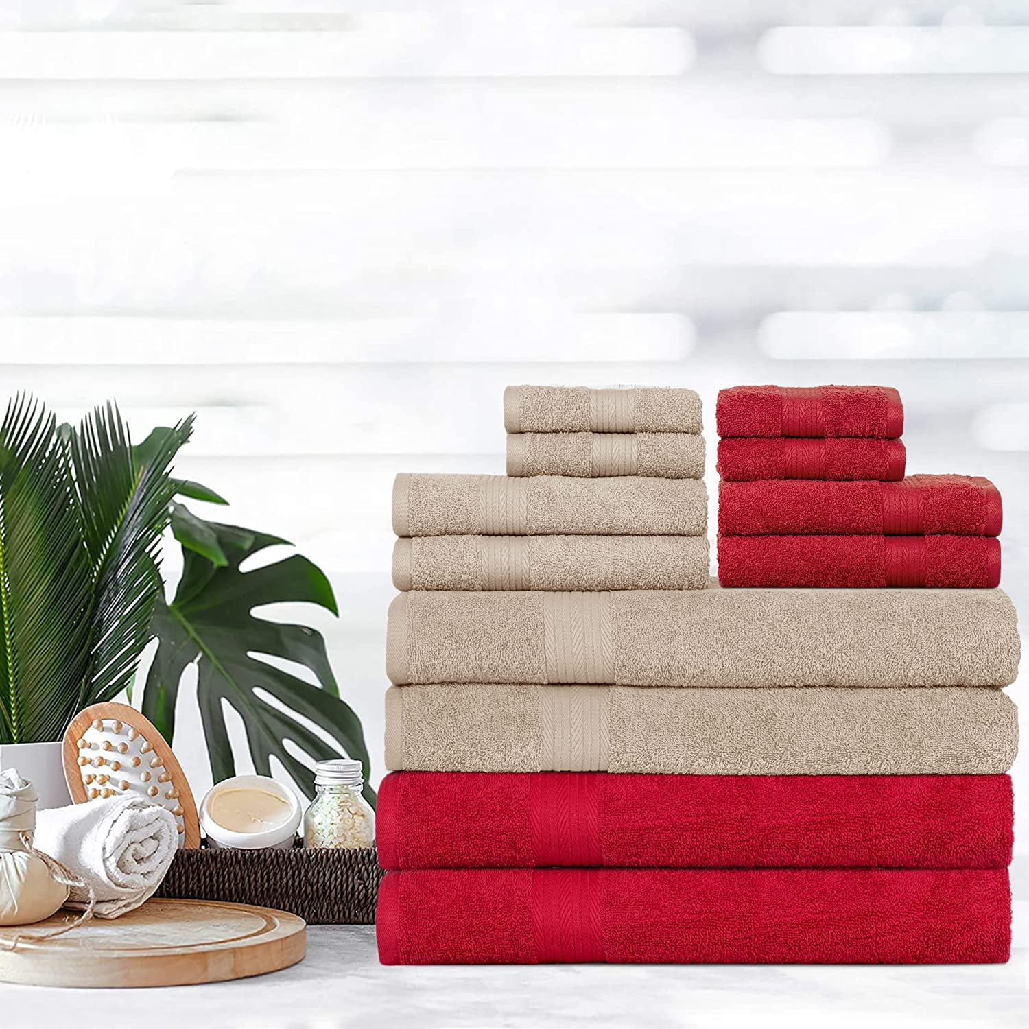 Ample Décor Bathroom Towel Set of 12- 4 Bath Towel, 4 Hand Towel, 4 Washcloths - Machine Washable - Beige & Red