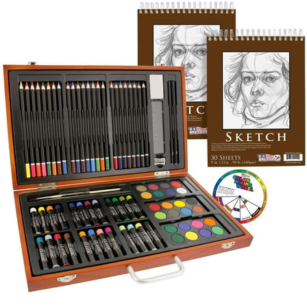 U.S. Art Supply 84-Piece Deluxe Artist Studio Creativity Set Wood Box Case - Art Painting, Drawing, 2 Sketch Pads, 24 Watercolor Paint Colors, 24 Oil Pastels, 24 Colored Pencils, 2 Brush, Starter Kit