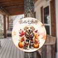 thumbnail image 3 of Hello Fall Golden Retriever Scarf Welcome Autumn with Leaves Pumpkins Round Wood Sign Goldens Dog Lover Gifts Idea Hanging Wall Home Decor - 00011, 3 of 5