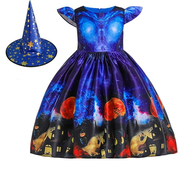 Kids Girls Halloween Witch Dress Hat Cosplay Party Outfits