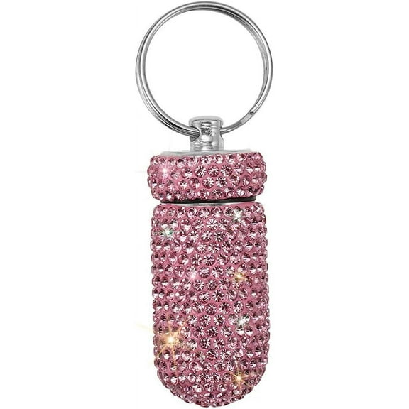 BYXAS Bling Pill Case Pill Container Rhinestone Pill Box Portable Waterproof Pocket Pill Holder Storage Bottle with Keychain for Travel, Outdoor, Camping (Pink)