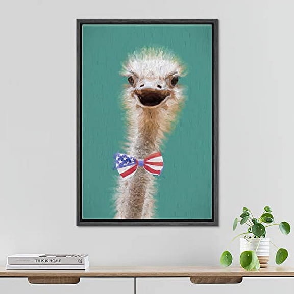 PixonSign Framed Wall Art Pastel Ostrich with American Flag Bowtie Nature Animals Portrait Artwork Cartoon Oil Paintings Modern Canvas Prints Colorful Fine Art for Rooms - 24"x36" Black