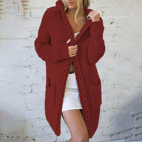 Jacenvly Cardigan For Women Long Sleeve Solid Knit Fall Coats For Women Soft Comfort Knee Length Sweater Tops Casual Fashion Pocket Hooded Jacket Blouse