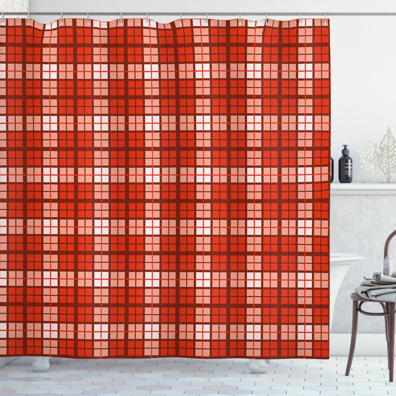 Red Plaid Shower Curtain, Tartan Pattern with Grid Style Vintage