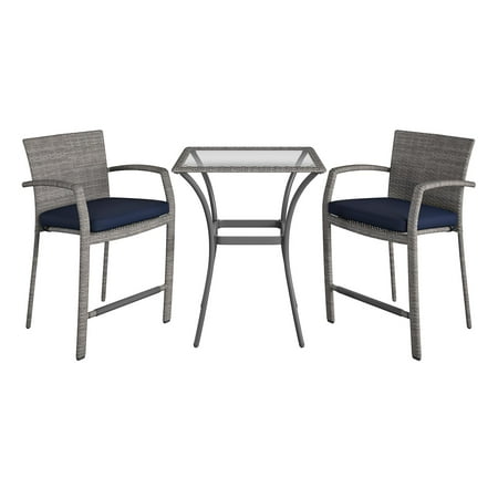 COSCO Outdoor Living 3 Piece High Top Bistro Lakewood Ranch Steel Woven Wicker Patio Balcony Furniture Set with Cushions, Navy